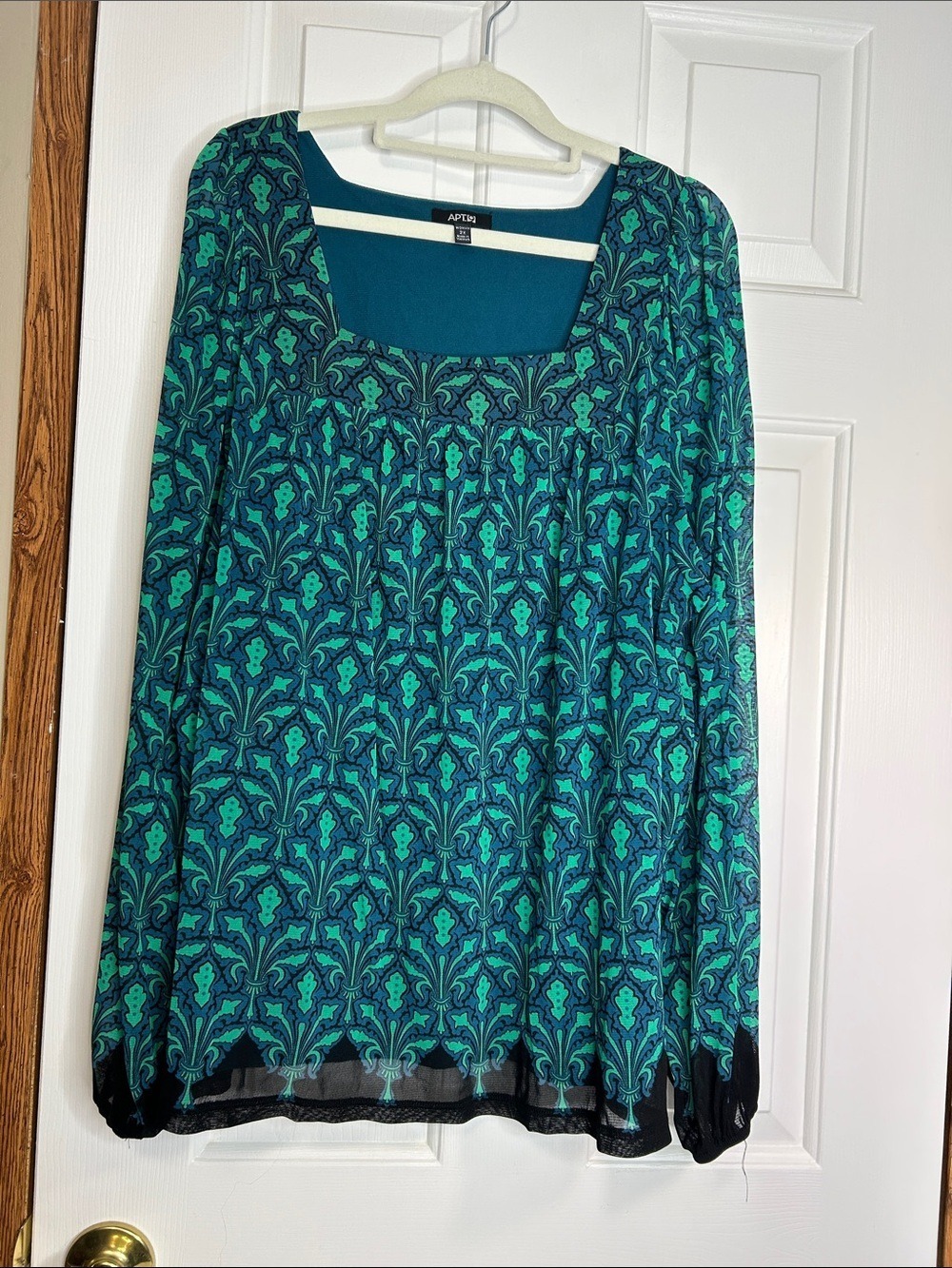 Apt. 9 Teal and Navy Patterned Square Neck Long Sleeve Top